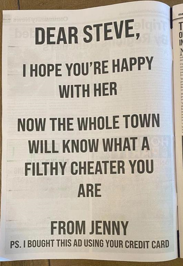 Женщина выкупила полосу в газете, чтобы пристыдить мужа за измену