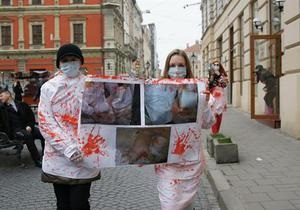 У Львові дівчата в закривавлених халатах м ясників протестували проти публічного заколювання свиней