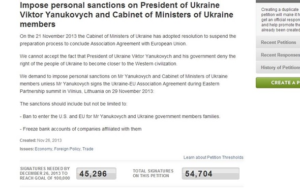 Свыше 50 тысяч человек пожаловались Обаме на Януковича 