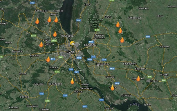Опубликована карта горящих под Киевом торфяников