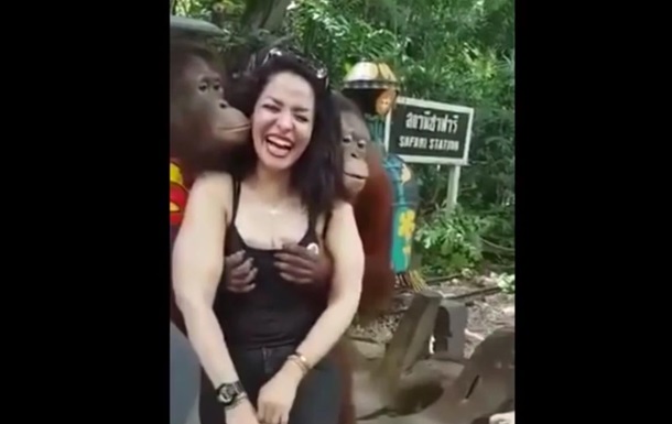 Орангутанг пощупал за грудь позировавшую туристку